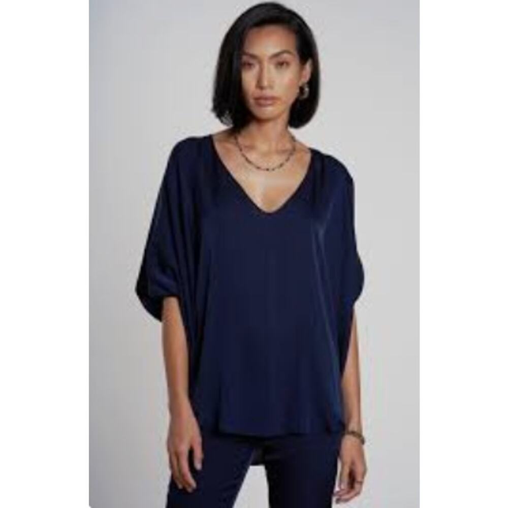 95Five Nouvelle Austin Top Navy Blue 100% Silk Oversized V Neck Blouse XS